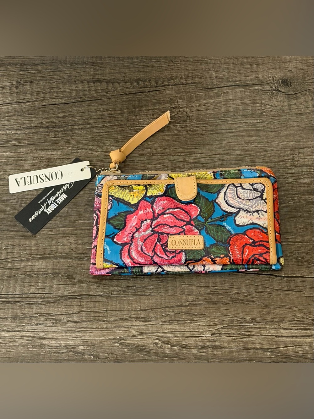 Consuela Rosita Slim Wallet, Pink Floral with Blue Background and Tan Trim